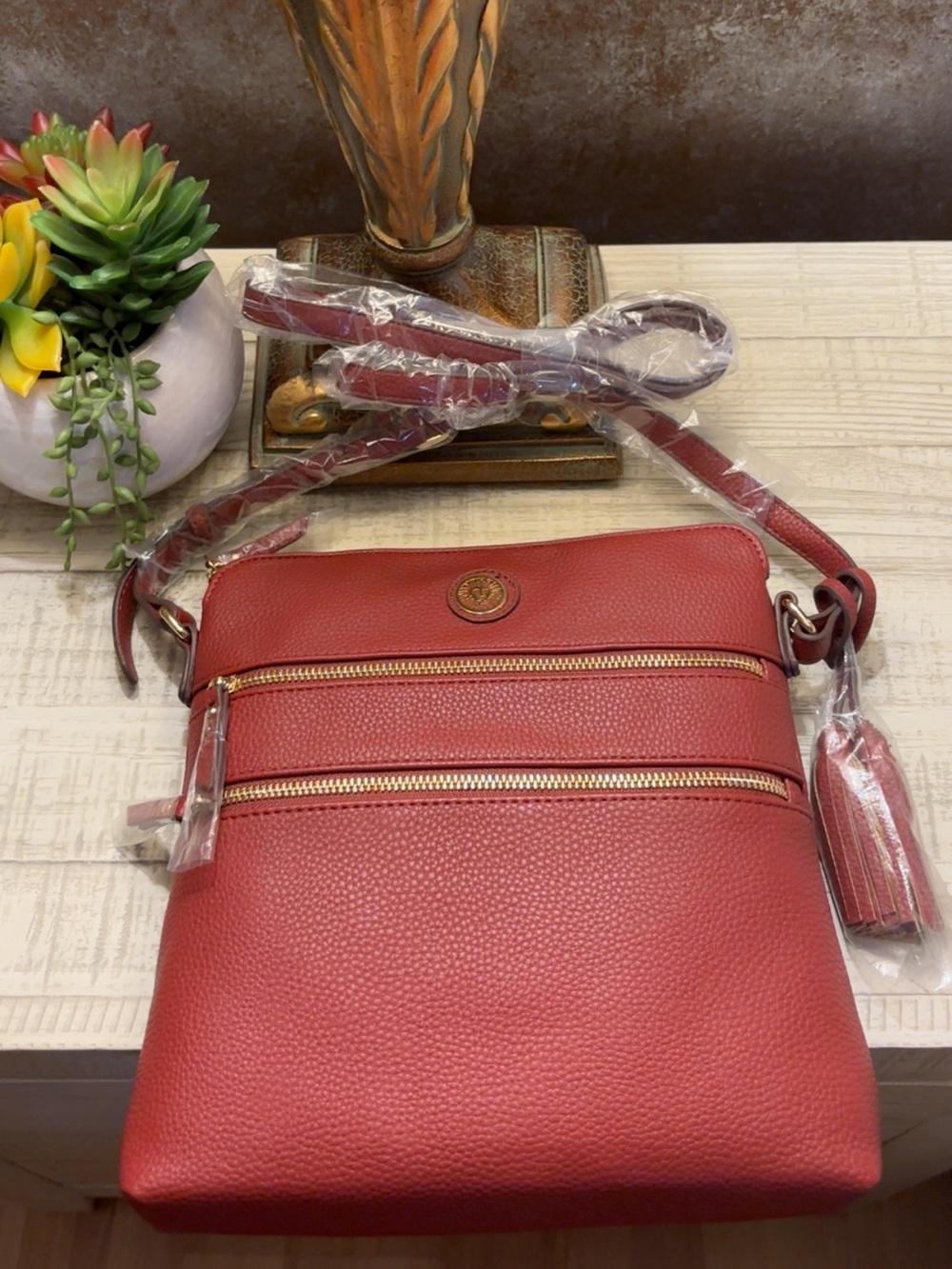 NWT ~ Anne Klein Burgundy Red Pebbled Leather Crossbody Bag W/Dual Zip Pockets